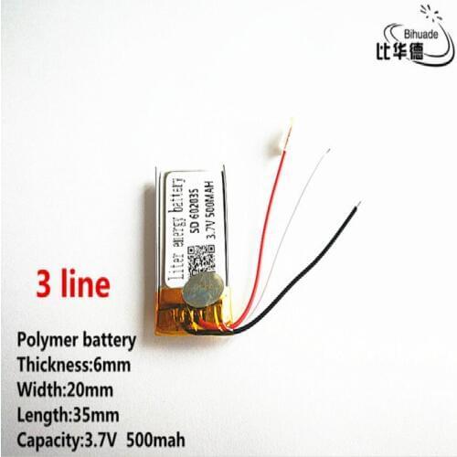 10pcs/lot 3 line Good Qulity 3.7V,500mAH,602035 Polymer lithium ion / Li-ion battery for TOY,POWER BANK,GPS,mp3,mp4