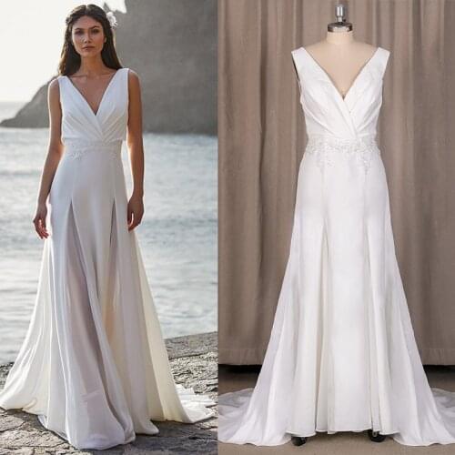 10037# High Split Long V Neck Bridal Gown 2021 Backless Lace Chiffon Beach Plus Size Satin Pleated Boho Keyhole Wedding Dress
