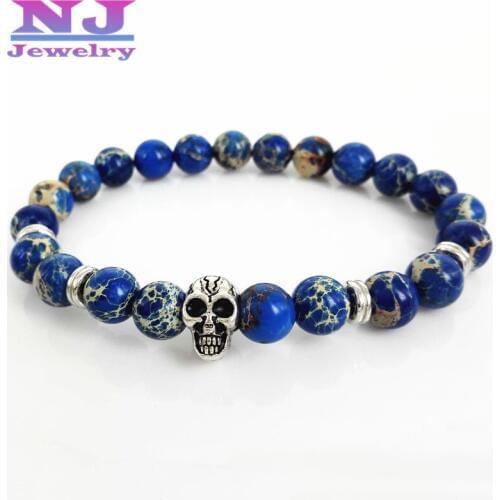 2015 High Grade Mens Jewelry Retail 8mm Blue Sea Sediment Stone Bead with Antique Silver Skull Bracelets Mens Gift Yoga Bracelet