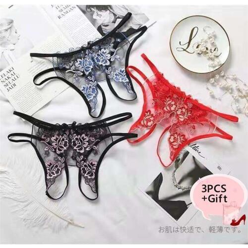 3PCS Sexy Pretty Private Underwear Thong Panties Lace Floral Embroidered Allure Panties Erotic Elasticity Body Jewelry For Women