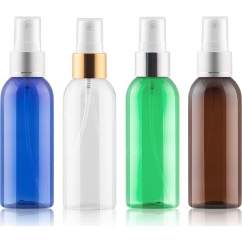 80ml 48pcs/lot Clear/Blue/Brown/Green Plastic PET Bottle With Anodized Aluminum Spray Pump Perfume Travel Cosmetic Container