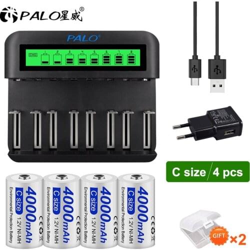 PALO C Size Rechargeable Battery R14 C Cell battery 4000mAh + LCD Charger For 1.2V NiMh NiCd AA AAA C D Rechargeable Batteries