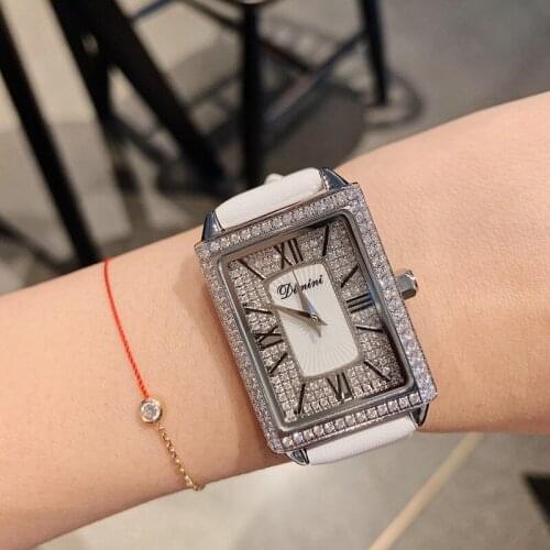 Brand Simple New Design Vintage Square Watches for Women Full Crystals Party Dress Watch Waterproof Genuine Leather Wrist watch