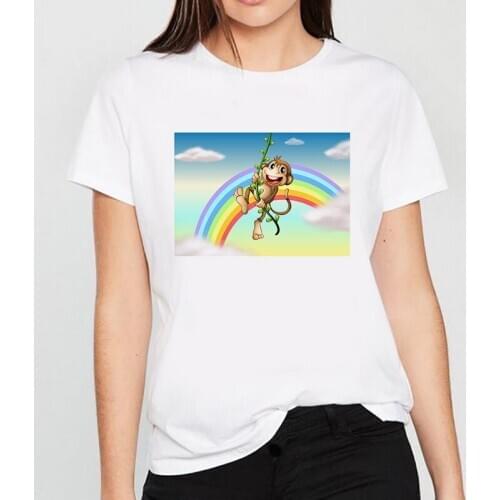 Monkey and its food printed t shirt women 90s Graphic T-shirt Harajuku Tops Tee Cute Short Sleeve animal tshirt Female Tshirts