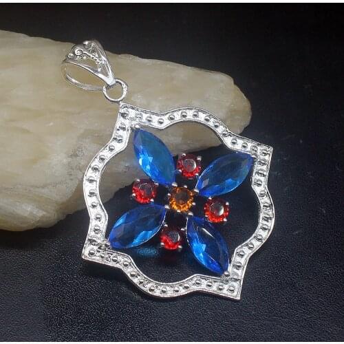 Gemstonefactory Jewelry Big Promotion 925 Silver Blue Topaz Red Garnet Women Ladies Mom Gifts Necklace Pendant 20213662