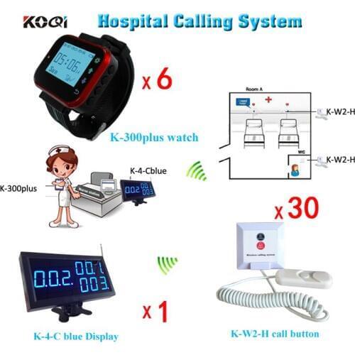 Clinic Wireless Nurse Calling System Panic Button with 30 Calling Buttons,6 Wrist Watch and 1 Number Monitor