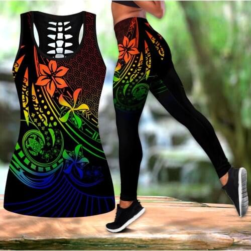 Polynesian Tattoo And Frangipani Flower 3D Printed Hollow Tank Top & Leggings Set Fitness Female Full Length Leggings DDK86