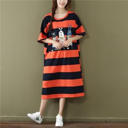 Summer Striped T-Shirt Womens Short-Sleeved 200 Kg Dress New Cartoon Fat Mm Korean Version Loose Mid-Length Over-The-Knee Dress