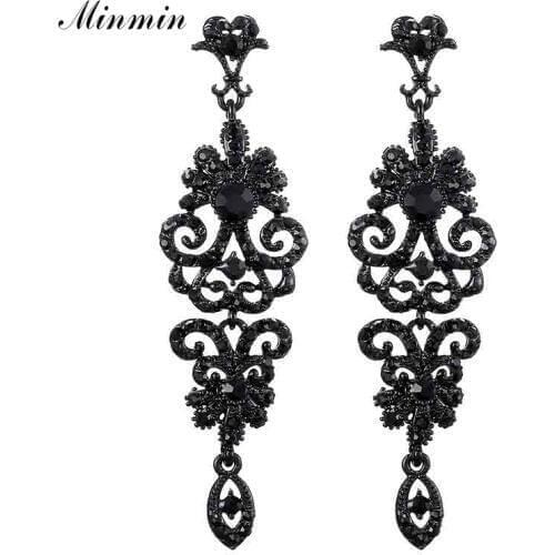 Minmin Vintage Black Long Drop Chandelier Earrings for Women Gold/Silver Color Rhinestone Dangle Earrings Wedding Jewelry MEH948