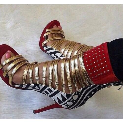 Fashion Multi-color Gold Strappy Peep toe High-cut Sandal Gladiator Ankle Strap Printed Leather Stiletto Heel Pumps Ankle Bootie