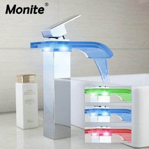 Monite LED Bathroom Basin Faucet Brass Chromed LED Waterfall Taps Water Power Basin Led Tap Mixer 3 Colors Change Tap