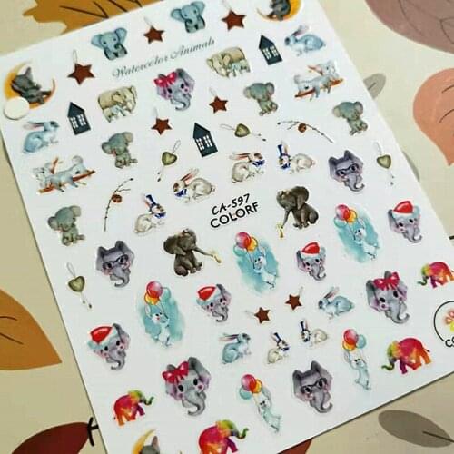 Newest CA-597 cartoon elephant design 3d nail sticker decal export Japan rhinestiones DIY decorations for nail art