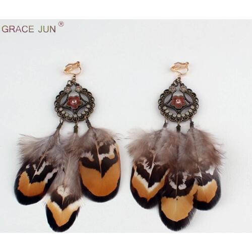 GRACE JUN Top Quality Big Water Drop Shape Pheasant Feather Clip on Earrings and Pierced Earrings Charm Vintage Flower Earrings