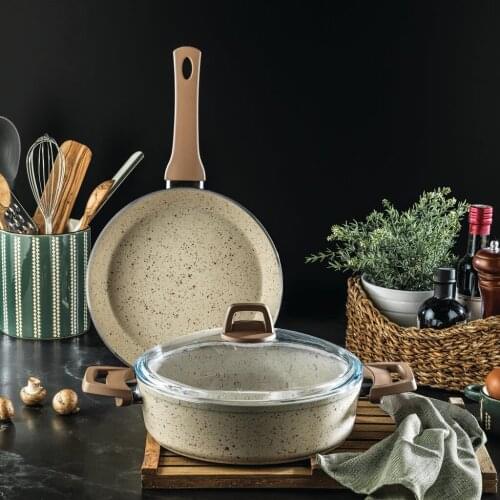 Schafer Crust 3 PCS Granite Nonstick Pan&Pot W/Lid Durable Turkish Cookware Set