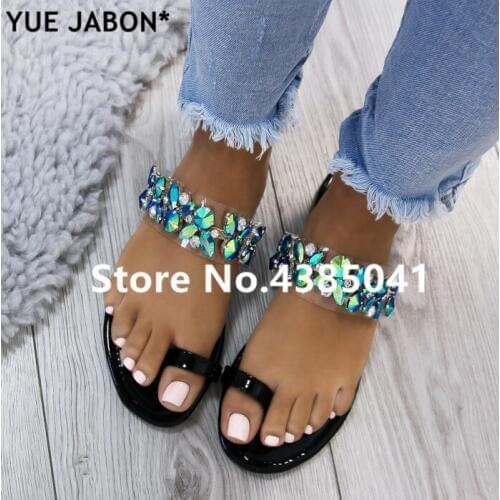 Dropshipping crystal string bead clip toe slippers women Flats rome rhinestone flip flops lady summer slippers beach slides 43