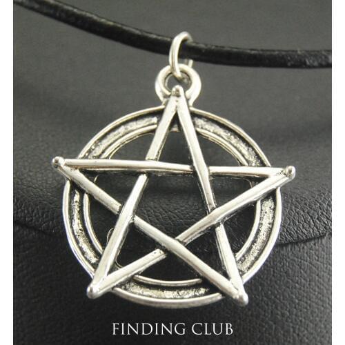 Tibetan Silver Color Star Wicca Pentacle Pendant Black Leather Cord Collar Choker Necklace Jewelry