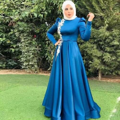 YiMinpwp Blue Prom Dresses Long O Neck Long Sleeve Floor Length Appliques Muslim Evening Party Gowns robe de soirée de mariage