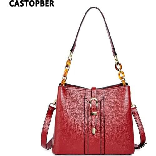 Womens Genuine Leather Handbags With 2 Shoulder Straps Ladies Designer Female Crossbody Bags Bucket Purses High Quality Brand