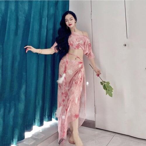 Summer New Belly Dance Suit Set top+skirt 2pcs Printed Mesh women Performance dance Costume bellydance suit pink yellow sky blue