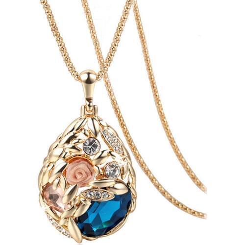 Crystal Flower Necklaces & Pendants for Women Trendy Gold Color Long Necklace Collier Femme Fashion Female Sweater Chain Jewelry