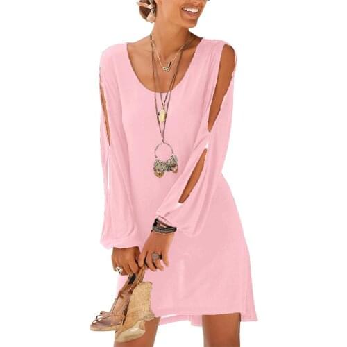 Women Beach Cold Shoulder Long Sleeve U-Neck Mini Dress Solid Color Loose Blouse Beach Female Clothes