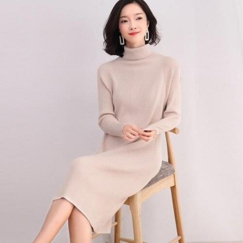 Autumn women dress elegant fashion designer clothes full sleeve knitting turtleneck loose Jersey dress to knee european style