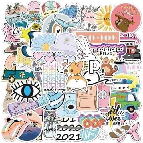 50pcs Fresh Cartoon Cute Style Graffiti Stickers VSCO Girl Stickers Beach Flower Waterproof Luggage Skateboard Suitcase Stickers