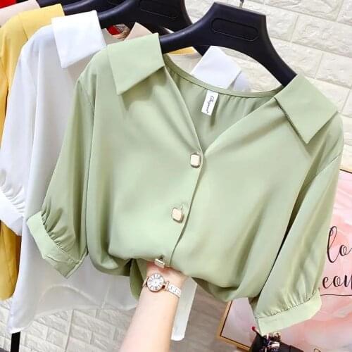 Summer Blouses Women Shirts 2021 New Fashion V-neck Loose Chiffon Shirt Female Short Sleeve Blouse Sweet Button Top Blusas