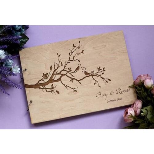 Wooden Lovely Birds on the Tree,Wedding Guest Book Album Engraved Guestbook for Wedding Guest,Signature Rustic Wedding Decor