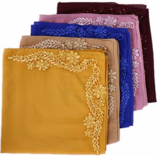 Elegant Floral Womens Chiffon Scarves Hijabs Exquisite Appliques Long Shawl Beaded Muslim Headscarf Islamic Scarves 180x70cm