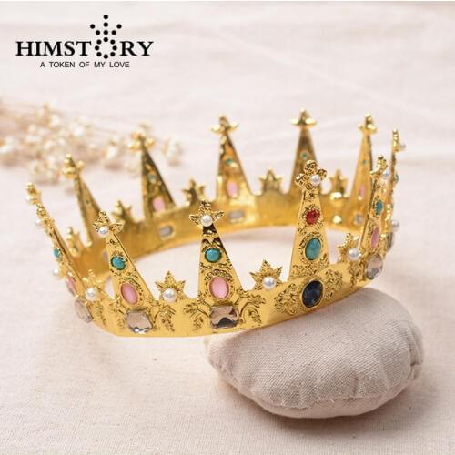 HIMSTORY European Vintage Gold Colorful Wedding Hair Crown, Baroque Crystal Tiara Pageant Queen Bridal Hair Accessories