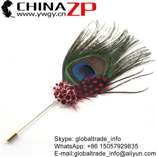 CHINAZP Factory Fantastic Handmade Natural Peacock Feathers Red Guinea Plumage Brooch Accessory