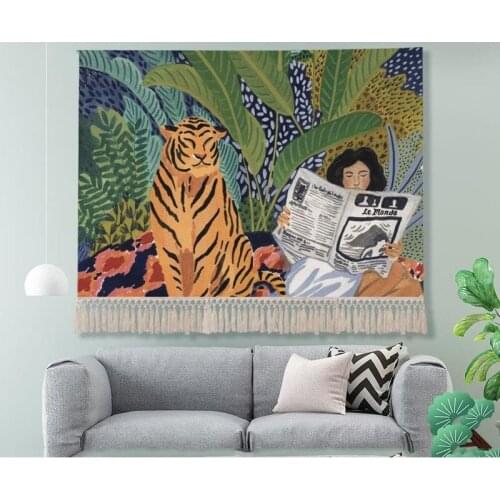 Nordic Tiger Tassel Tapestry Ins Green Wall Decor Illustration Background Cloth Sofa Cotton And Linen Hanging Decoration