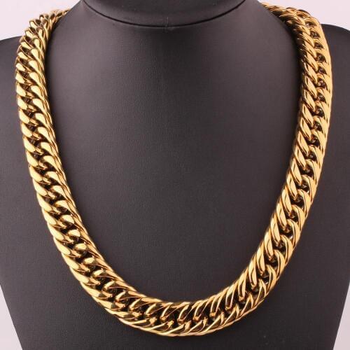 Granny Chic 18mm Mens Chain Heavy Huge 316L Stainless Steel Gold(Color) Cut Double Curb Link Rombo Necklace Or Bracelet