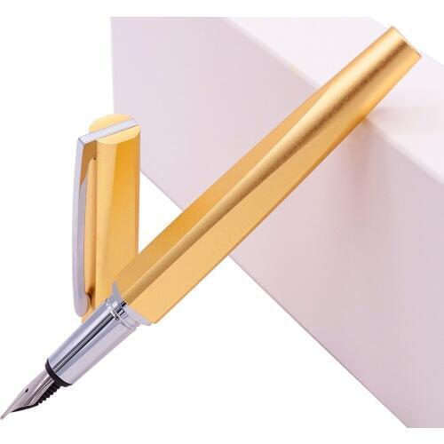 KACO SQUARE Luxury Aluminum Four Sides Gold Fountain Pen with Iron Box, Schmidt Converter & Fine Nib 0.5mm Gift Set for Office