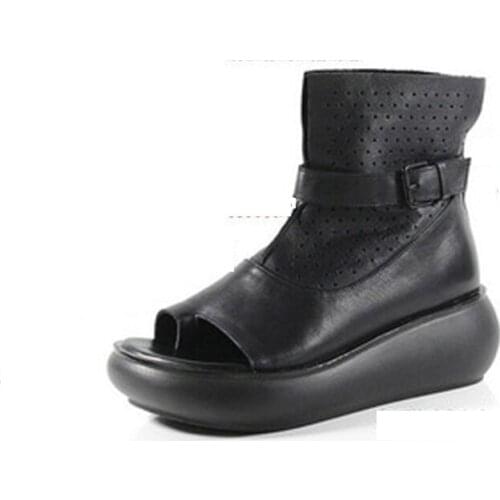 Leather sandals handmade shoes for women with thick soles, hollow shoes, cold boots, platform shoes, high-top boots