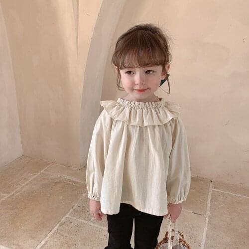 Sweet Little Girls Ruffles Lace Blouse Long Sleeve Cotton Linen Toddler Shirt for Girls Blouse Children Pullovers Outwear