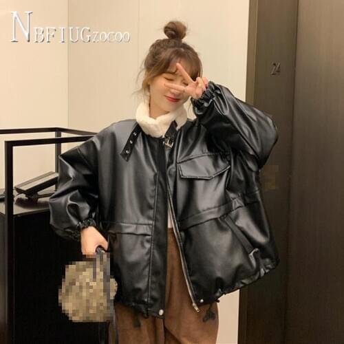 Winter Korean 2020 New Lining With Fluff Women Coat Pu Leather Stand Collar Long Sleeve Female Jacket