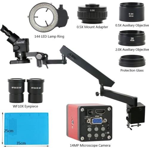 3.5X-90X Zoom Simul Focal Trinocular Stereo Microscope+Industrial 14MP HDMI VGA Video Camera+Articulating Arm Pillar Clamp