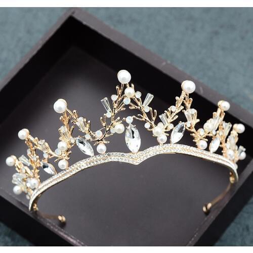 Bride Crystal Plant Leaves Crown Pearl Golden Hair Ornament Wedding Headwear Handmade Jewelry For Party Prom Birthday Pageant