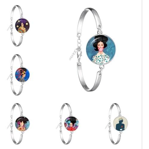 New Art abstract painting Girls Bracelet Silver Color Bangle Glass Cabochon Dome Art Picture Jewelry for Women Girls Gift