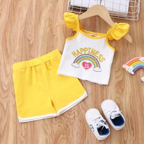 Baby Girl Clothes Baby Girl Outfit 2 Pcs Sets Cotton Rainbow Flying Sleeve Tops+short Pants Baby Sets Baby Clothes Summer 0-18M