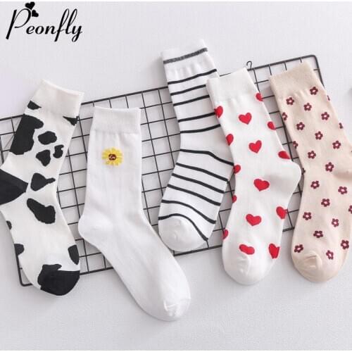 PEONFLY New Fashion Cute Cow Heart Striped Pattern Happy Socks Women Funny Korean Cotton Socks Harajuku Calcetines Mujer