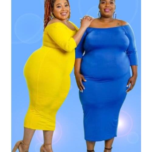 Sexy Plus Size L~4XL Off The Shoulder Dress Fat Women Bodycon Half Sleeve Elegant Skinny Pencil Yellow Blue Robe Femme Dresses
