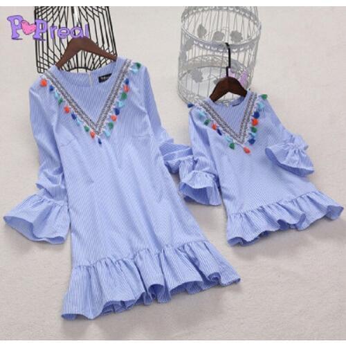 2018 Autumn Mother Daughter Dresses Tassle Striped Dress Family Look Clothing Mommy and Me Clothes Twins Big Sister Clothes