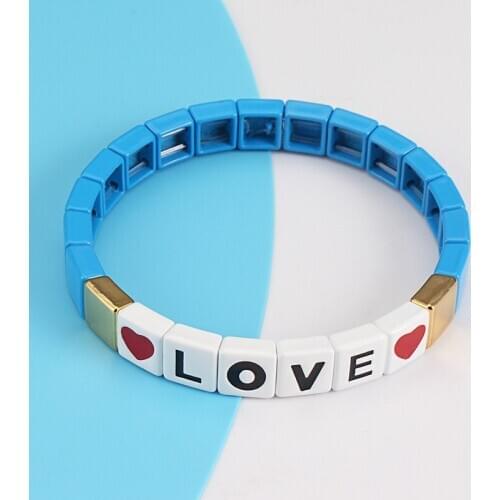 Rainbow LOVE Enamel Bracelet Multicolor Letter Beaded Tile Bracelet Charm Handmade DIY Beaded Stacking Bangle