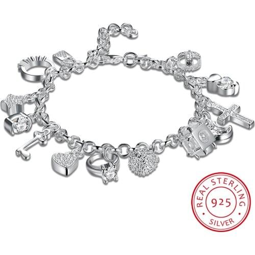 925 sterling silver 13 charms Cross Lock Key Heart Star Moon Flower Zircon bracelet bangle womens fine jewelry Accessories