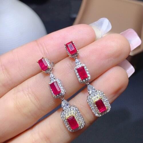 S925 Silver Natural Heated Ruby Drop Earrings for Women Fine Jewelry 3*5mm Real Red Gemstones Eardrops Top Quality Gifts Square