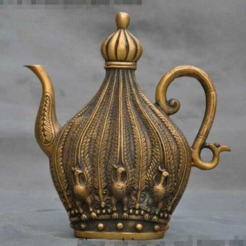 Old Chinese bronze copper phoenix bird statue Horse Milk Wine Tea Pot Flagon