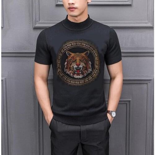 Rhinestones Fashion Man Knitted Pullover Winter O-Neck Short Sleeve Men Casual Diamonds design Sweater